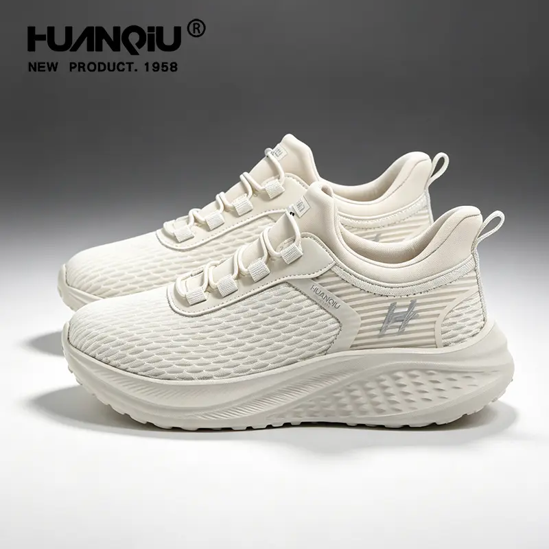 HUANQIU Global Off-White Flyknit Mesh Running Shoes, Slip-on Loose Fit Sports Shoes, Lightweight Thick Sole, Cushioning, Breathable, Suitable for Daily Outings and Casual Wear