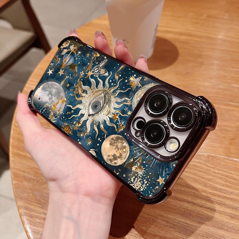 Celestial Sun and Moon themed Pattern Four Comers Air Cushion Anti-drop phone case Suitable for iPhone 16 15 14 13 12 11 Pro Max Plus electroplated Shockproof case Screen Protector Protection Protective Cover Smartphone Casing