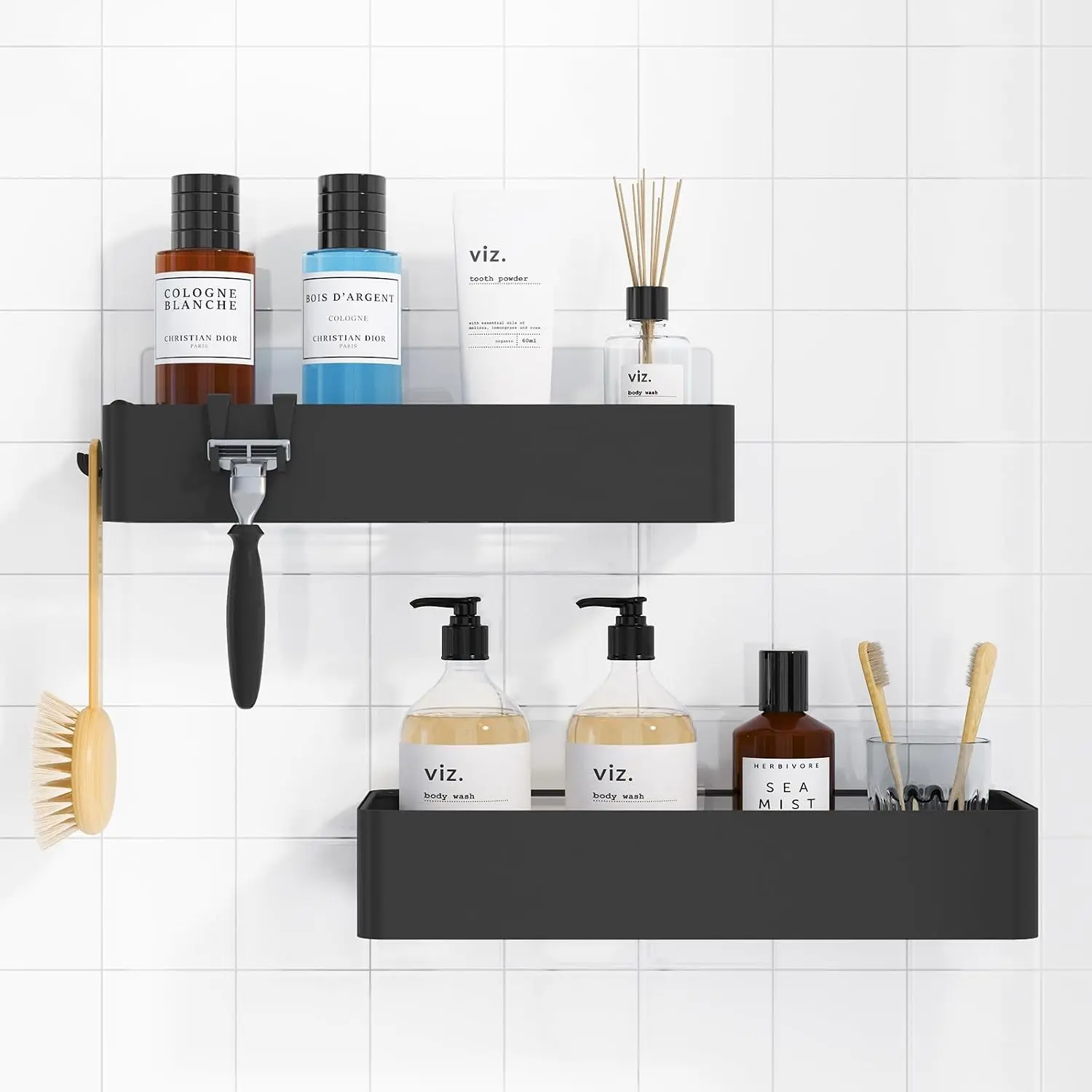 Shower  Adhesive, Stylish Shower Organizer, Large, Black | 2 Pack Shower Shelf for Inside Shower,  Rustproof Metal Shelves, No-Drill Bathroom Organizers and Storage