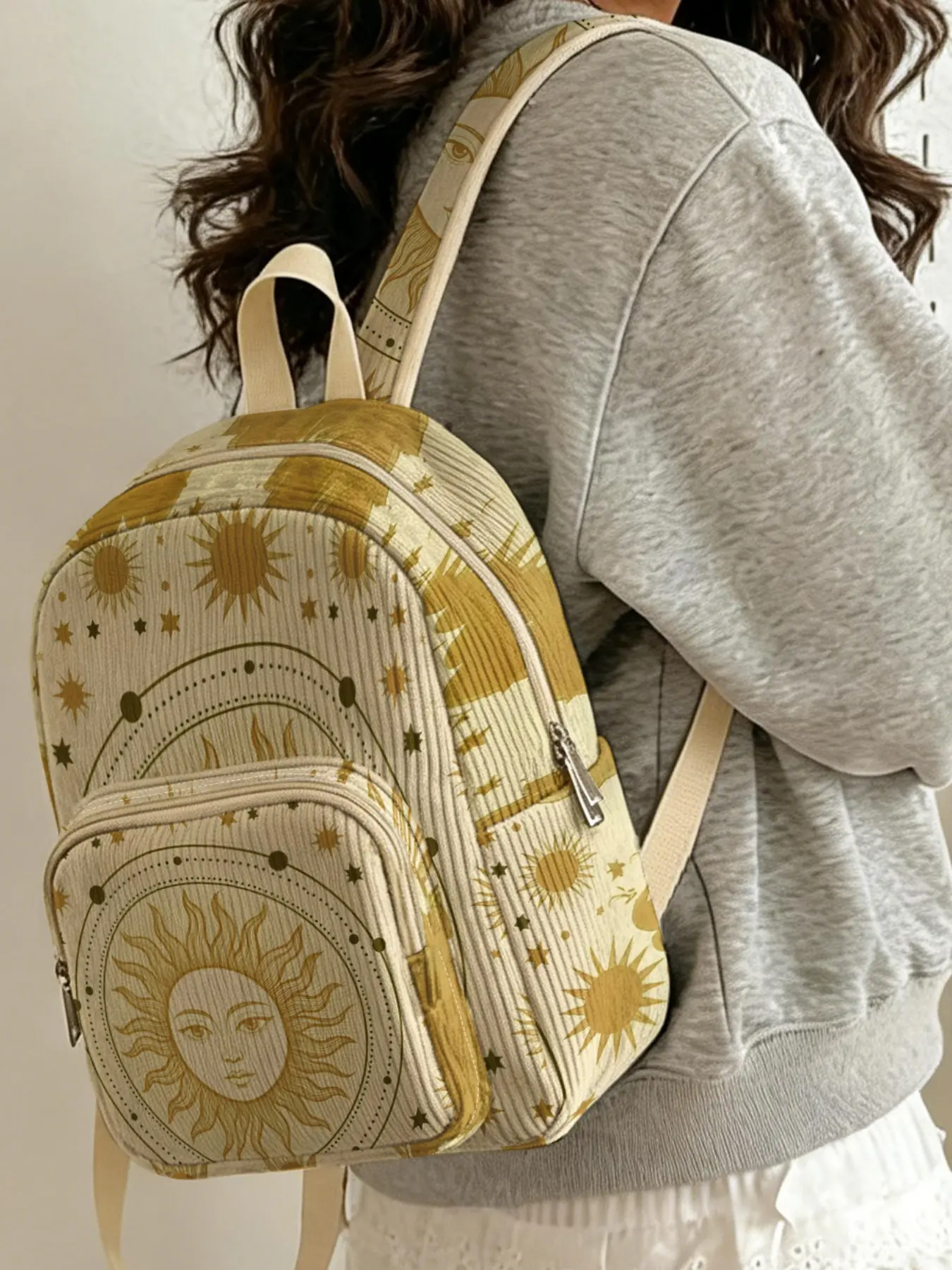 Vintage Mysterious Tarot Style Sun With Human Face And Stars Pattern 2D Print, Corduroy textured, multi compartment storage. Great for school and short trips, stylish and practical. Organizer Travel Backpack