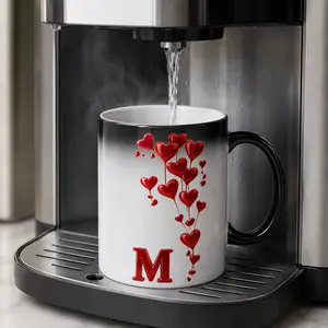 Red Hearts Monogram Letter M Magic Mug, 11oz Color Changing Ceramic Coffee Cup from Husband or Boyfriend, Cute Romantic Surprise Reveal Tea Mug Gift for Wife, Women, Loved One