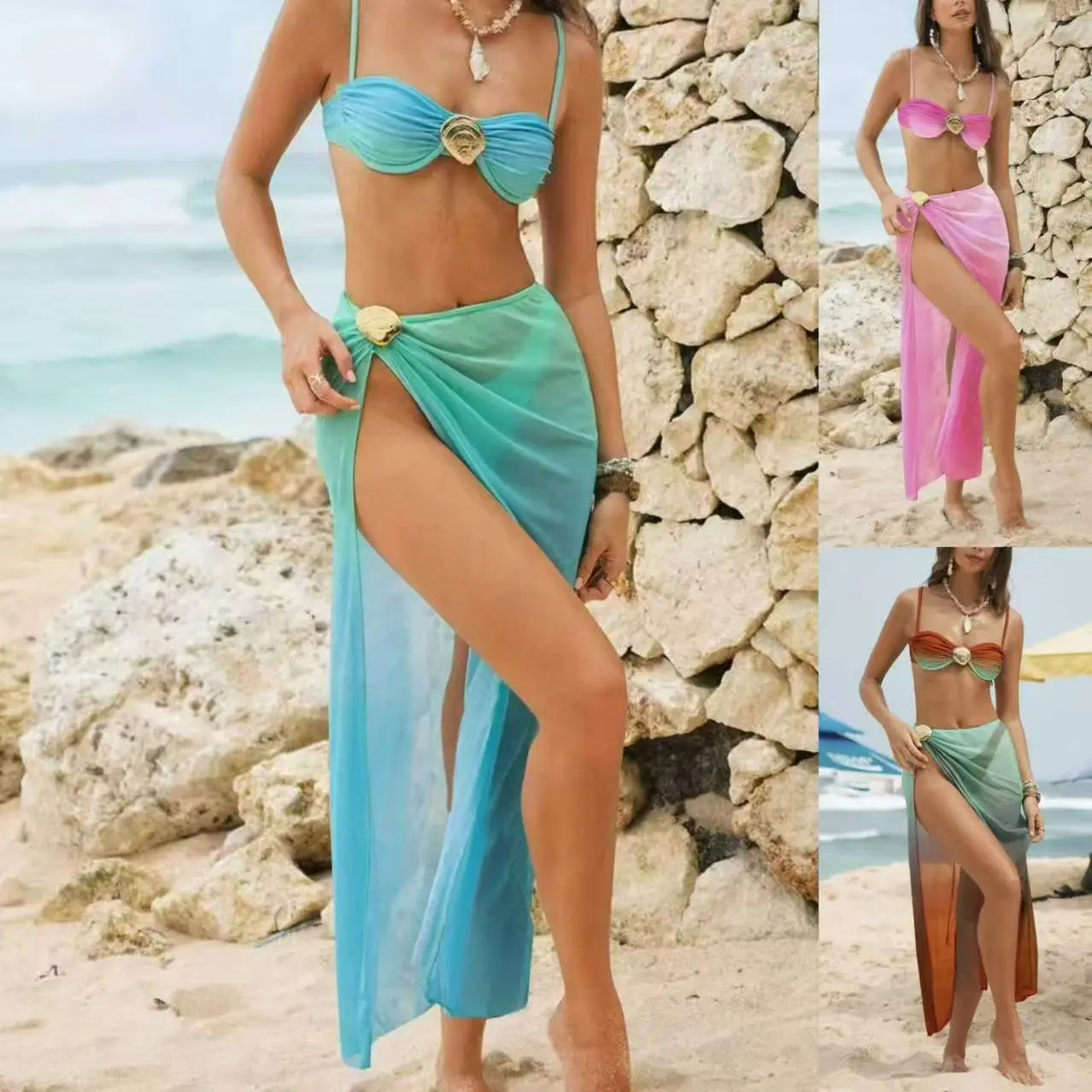 2026 popular metal oyster accessory three-piece set: strapless swimsuit bikini
