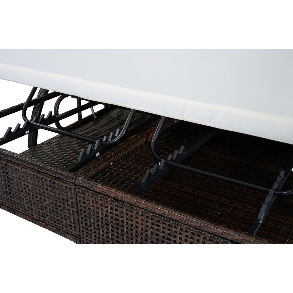 Outdoor steel-frame sun loungers with adjustable backrests; double patio sunbeds featuring hidden side tables and curved armrests; ideal for patios, pool decks, gardens, backyards, and other outdoor spaces