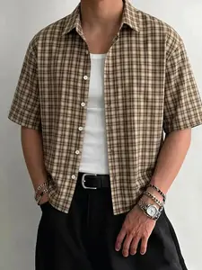 Men's Vintage Plaid Short Sleeve Shirt, Loose Casual Lapel Button Down Blouse, Unisex Design, Perfect for Everyday Wear
