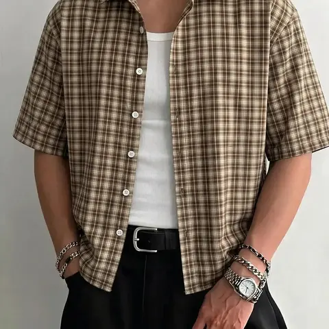 Men's Vintage Plaid Short Sleeve Shirt, Loose Casual Lapel Button Down Shirt Unisex Design, Perfect for Everyday Wear, Casual Button Shirts