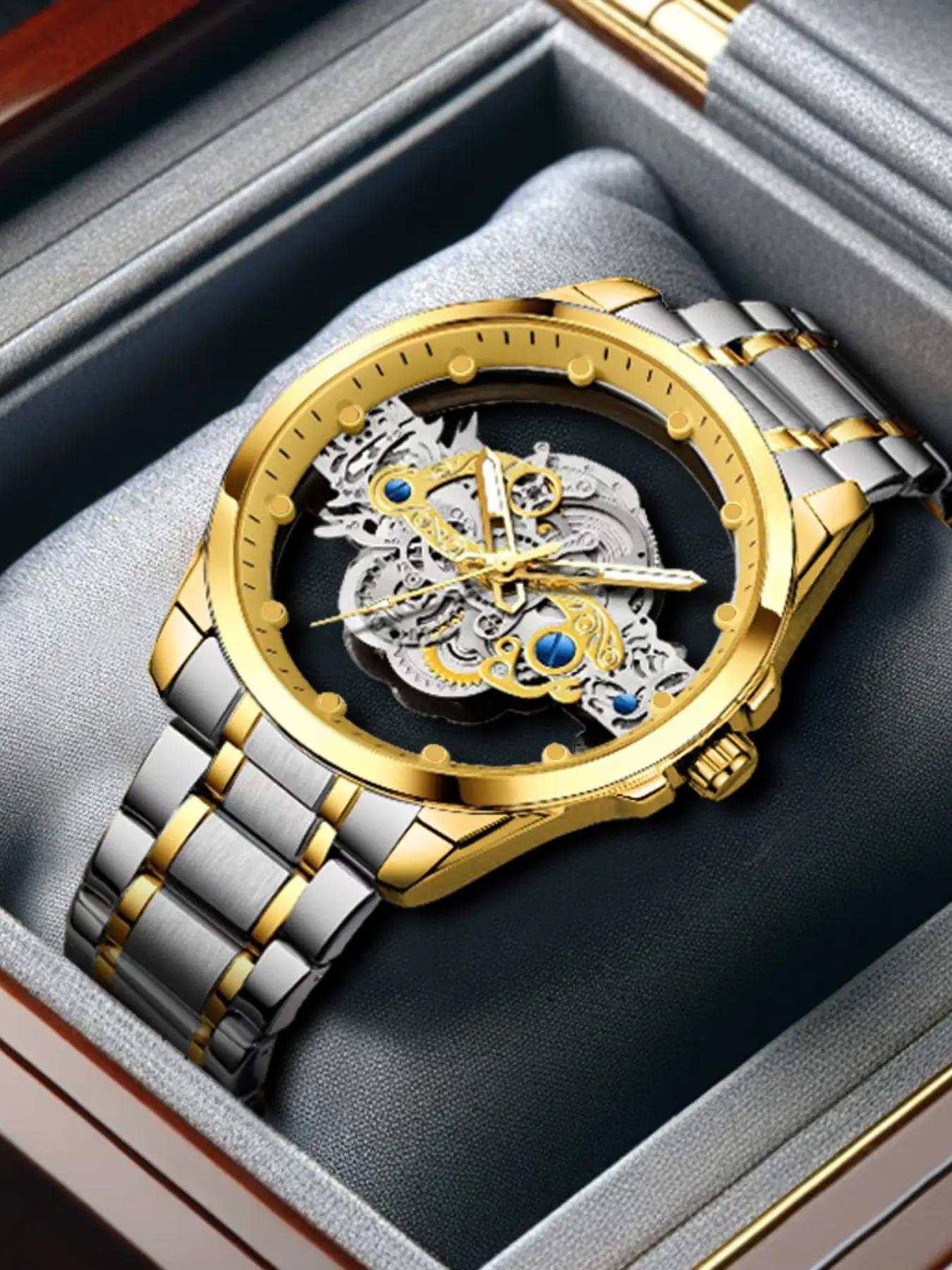 Men's Fashion Sporty Watch, Hollow out Design Round Dial Clasp Analog Quartz Watch, Elegant Business Wristwatch for Daily or Formal Occasions As Gift, with Box