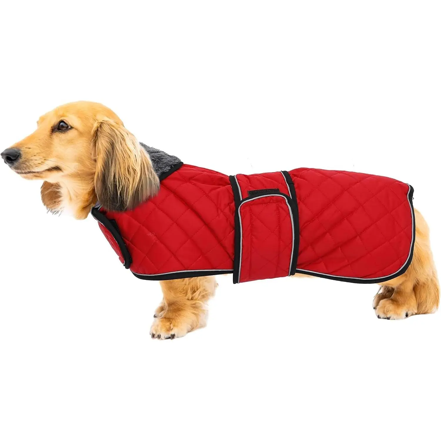Warm Thermal Quilted Dachshund Coat, Dog Winter Coat with Warm Fleece Lining, Outdoor Dog Apparel with Adjustable Bands for Medium, Large Dog-Red-XS