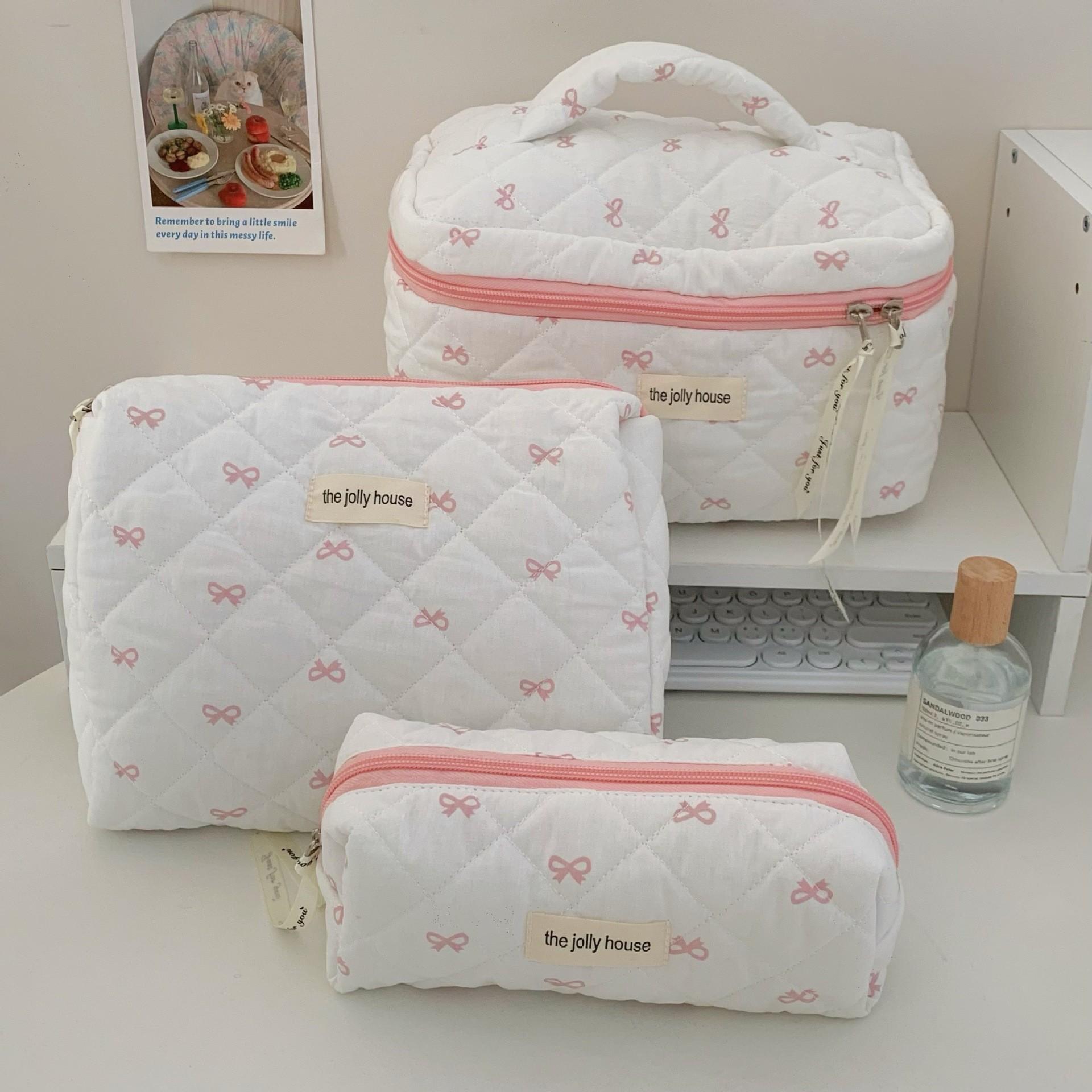 Fashion Cherry Tote Women Makeup Bag Portable Cute Ladies Cosmetic Toiletry Storage Pouch Handbag Cotton Quilted Zipper Bag