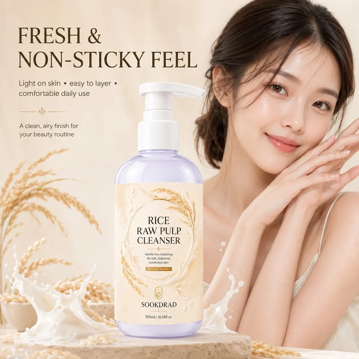 Rice Raw Pulp Cleanser, with rice extract, gentle cleansing, soft skin, hydrated skin, comforted skin, face cleanser, 300ml/10.14fl.oz