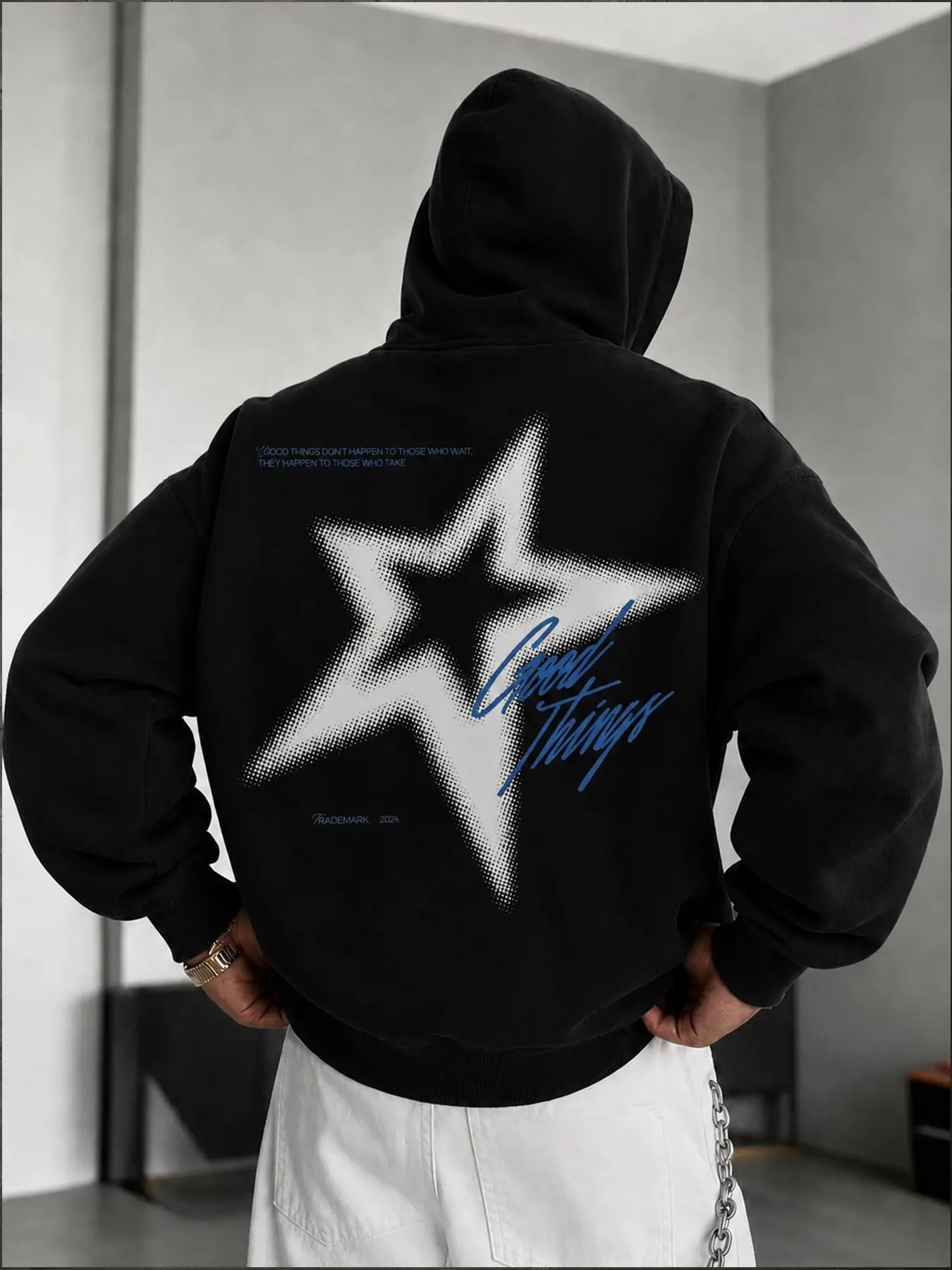 Men's Good Things Star Graphic Hoodie, Casual Hooded Sweatshirts, Gray Loose Fit Pullover Sweatshirt with Back Print, Casual Streetwear Top for Daily Wear, Fall and Winter