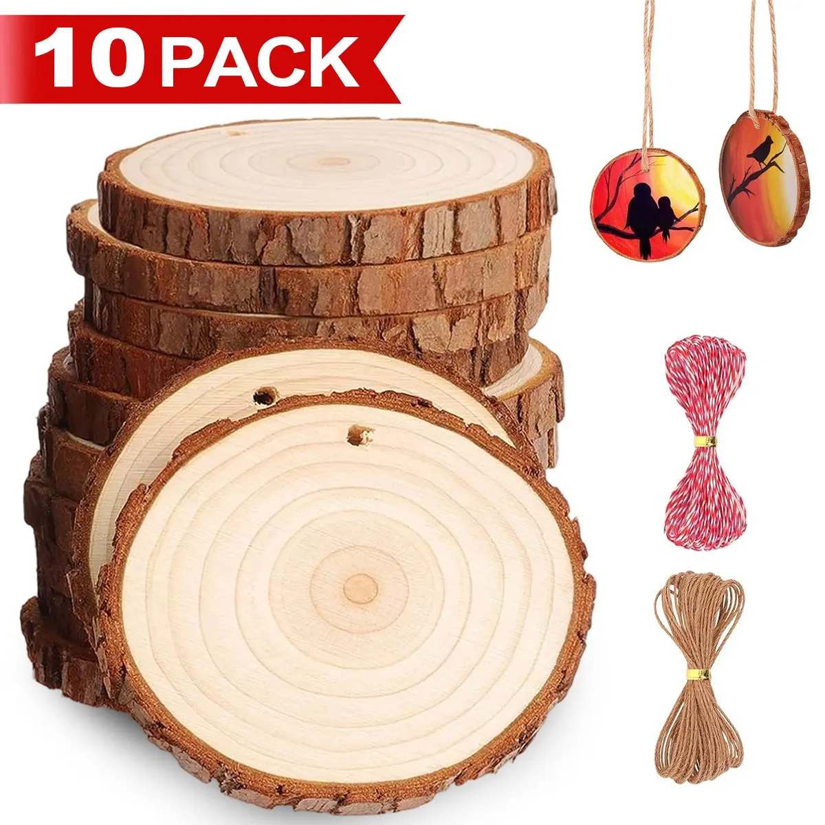 10 Pack Wood Slices for Crafts, Unfinished Natural Wood Rounds with Tree Bark, Predrilled Holes, DIY Christmas Ornaments, Table Decorations