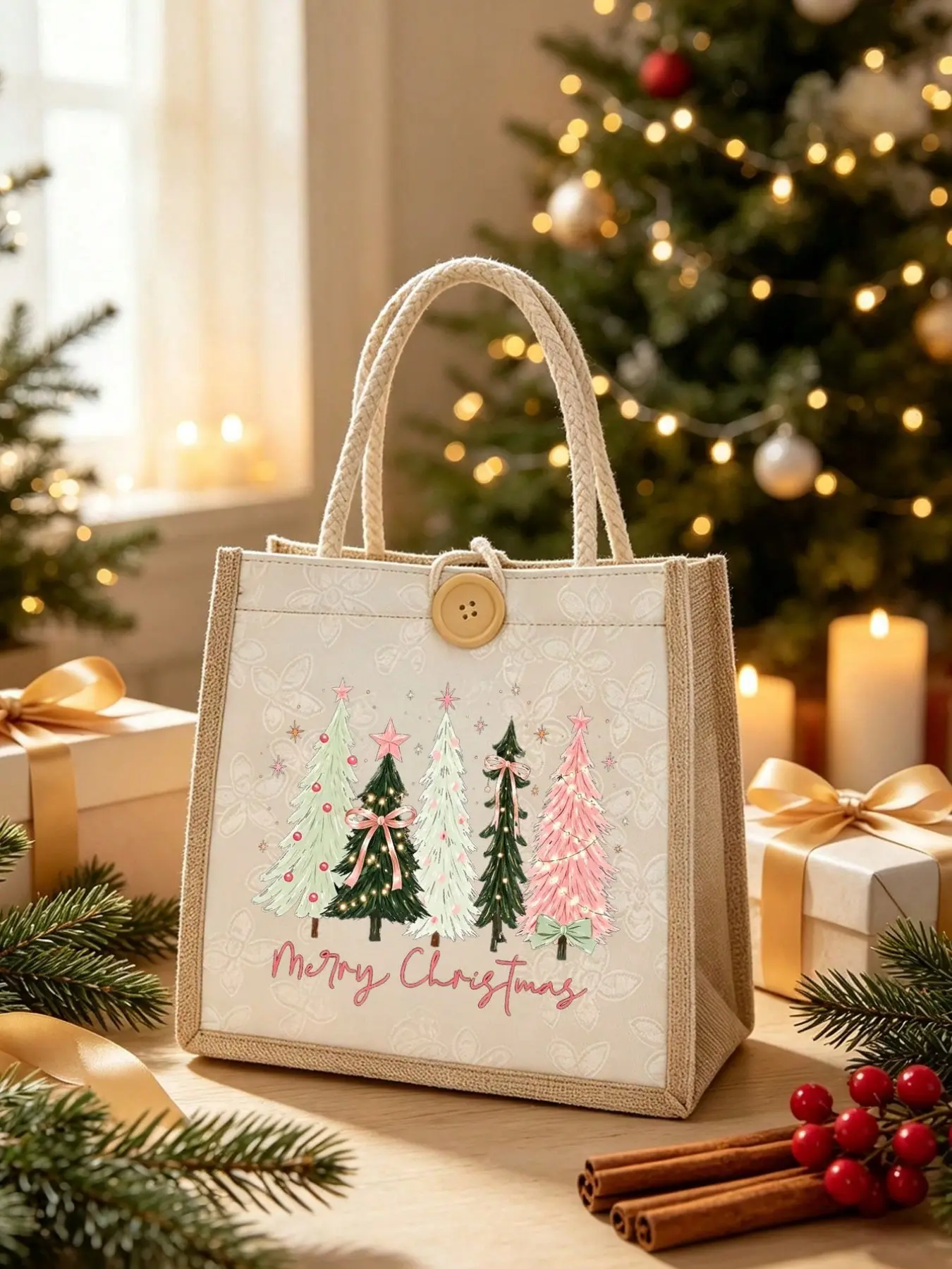 Merry Christmas Print Jute Trim Tote Bag, Pastel Xmas Tree Pattern, Wood Button Handbag, Reusable Grocery Bag, Christmas Holiday Gift for Ladies