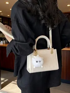 Silver Color Cartoon Embossed Mini Tote Bag, Braided Handle, Fluffy Monster Charm, Adjustable Crossbody Strap, Y2K Style Shoulder Purse