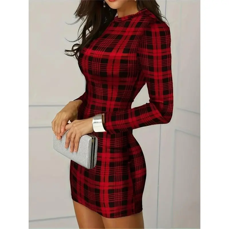 Women's Long Sleeve Mandarin Collar Bodycon Dress - Casual Plaid Polyester Knit Fabric with Spandex, Perfect for Spring/Summer/Fall