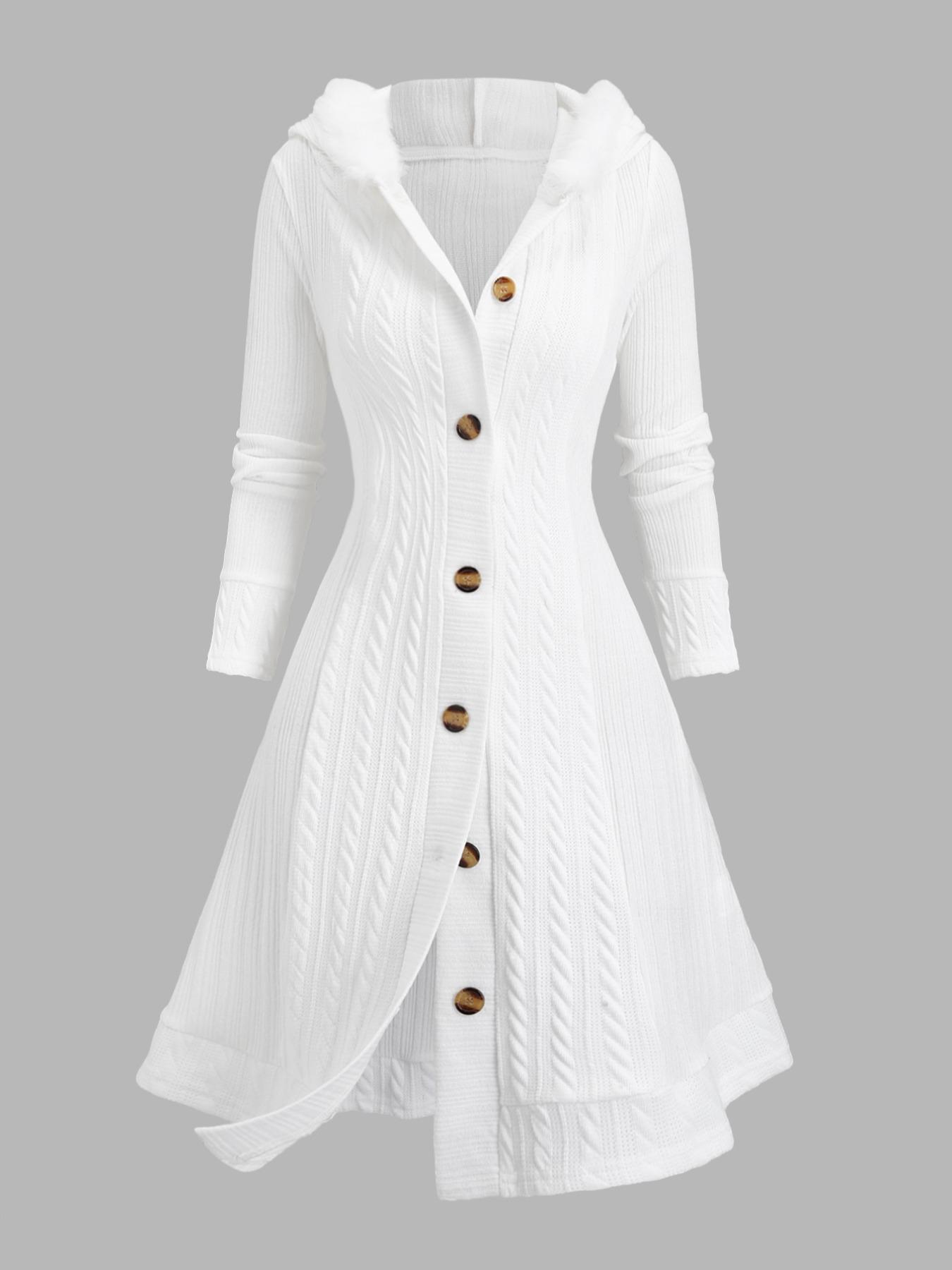 Women's Solid Color Fuzzy Trim Hooded Long Knitted Coat, Casual Long Sleeve Button Front Knitwear Outerwear for Fall & Winter, Ladies Clothes for Daily Wear