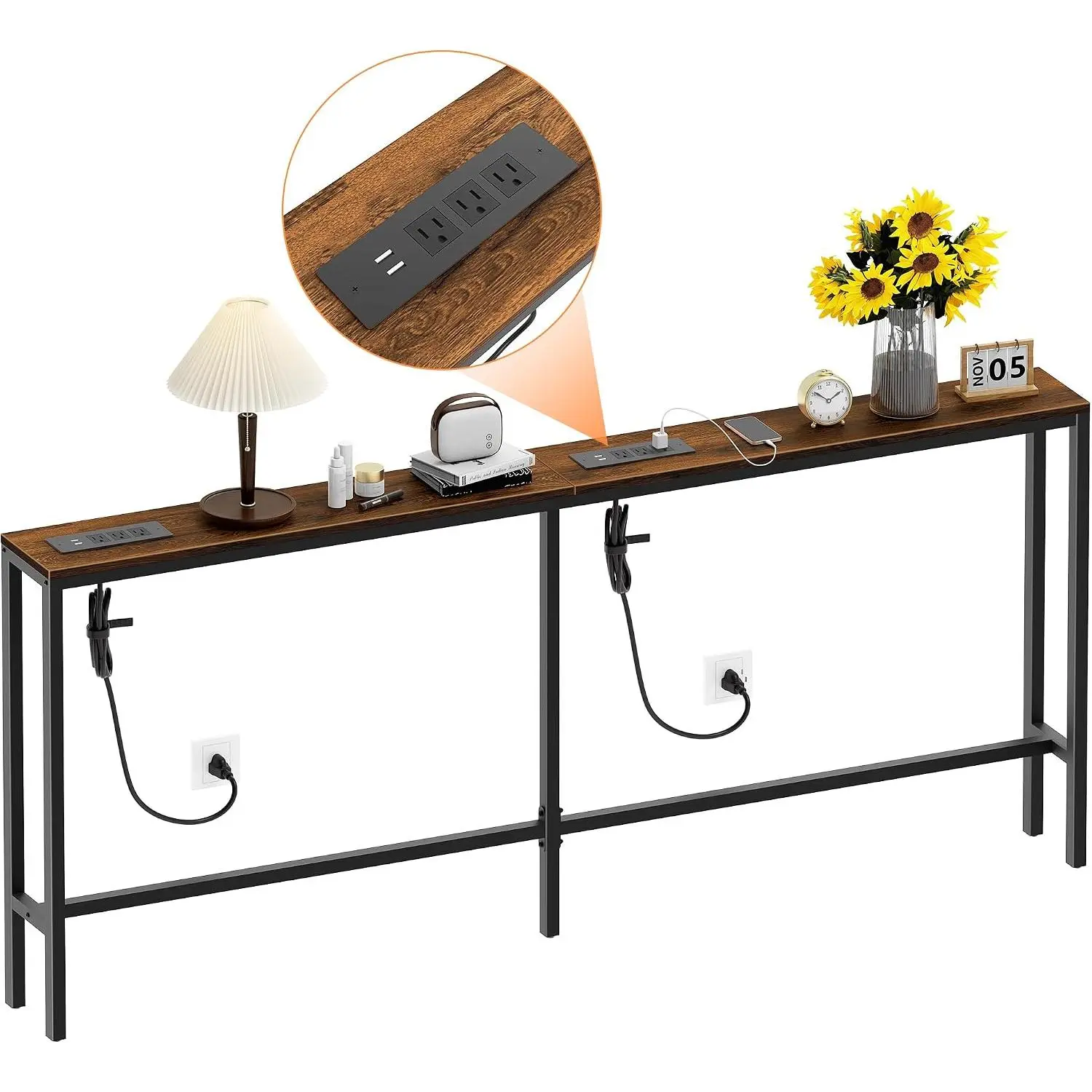 71'' Behind Couch Table with 2 Outlets, Sofa Tables Narrow Long | 5.9" Wide Console Table Behind Couch with 6 AC & 4 USB, Wood Couch Table Behind Sofa for Living Room, Bedroom, Hallway, Brown