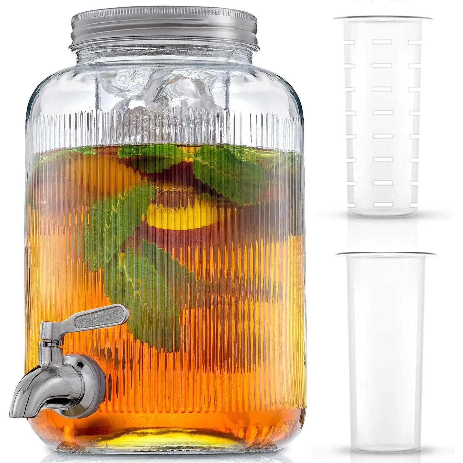 Fluted 1-Gallon Drink Dispenser. Glass Beverage Dispenser with Stainless steel Spigot plus Ice Cylinder and Fruit Infuser! Water Dispenser, Lemonade Stand, Juice Container - Dispensers for PartiesGift.