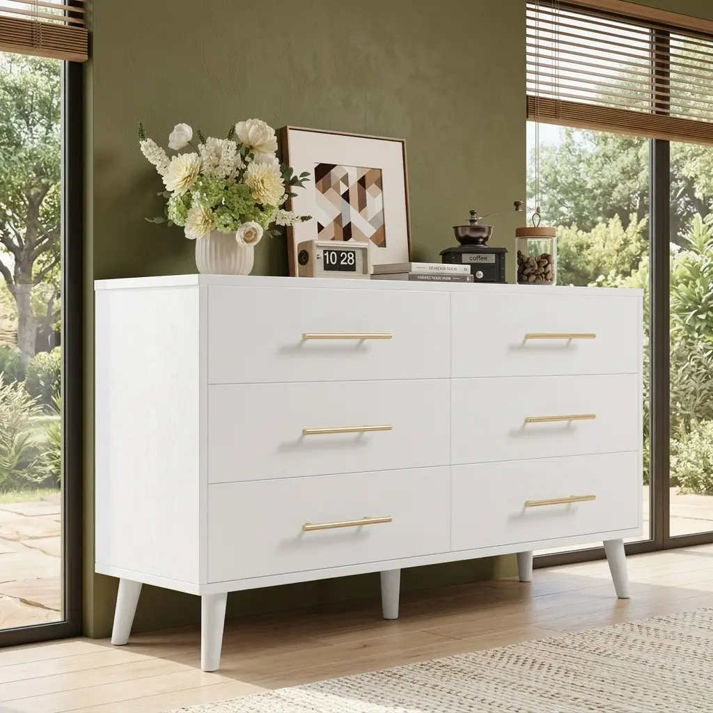6 Drawer Wide Wooden Chest of Drawers, Large Capacity Bedroom Dresser Organizer Storage Cabinet, Sturdy Clothing Drawer Unit for Clothes Accessories, Modern Home Storage Furniture Ideal Valentine's Day Present
