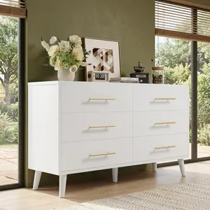 6 Drawer Wide Wooden Chest of Drawers, Large Capacity Bedroom Dresser Organizer Storage Cabinet, Sturdy Clothing Drawer Unit for Clothes Accessories, Modern Home Storage Furniture Ideal Valentine's Day Present