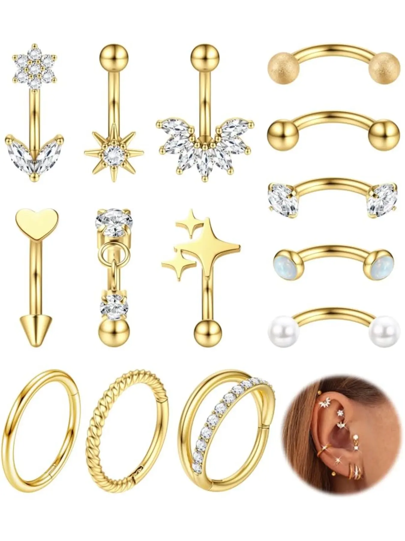 Rook Eyebrow Piercing Jewellerys Gold and Silver Hoops Surgical Steel Vertical Curved Barbell Stainless Steel 16G Daith Conch Nose Septum Piercings Jewellery Set 8MM