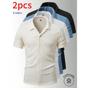 2-pack men’s short-sleeve shirts, men’s textured shirts, casual classic cardigan-style clothing, summer 2026 casual tops, National Day apparel, button-up shirts, suitable for men’s everyday commuting and outdoor travel.