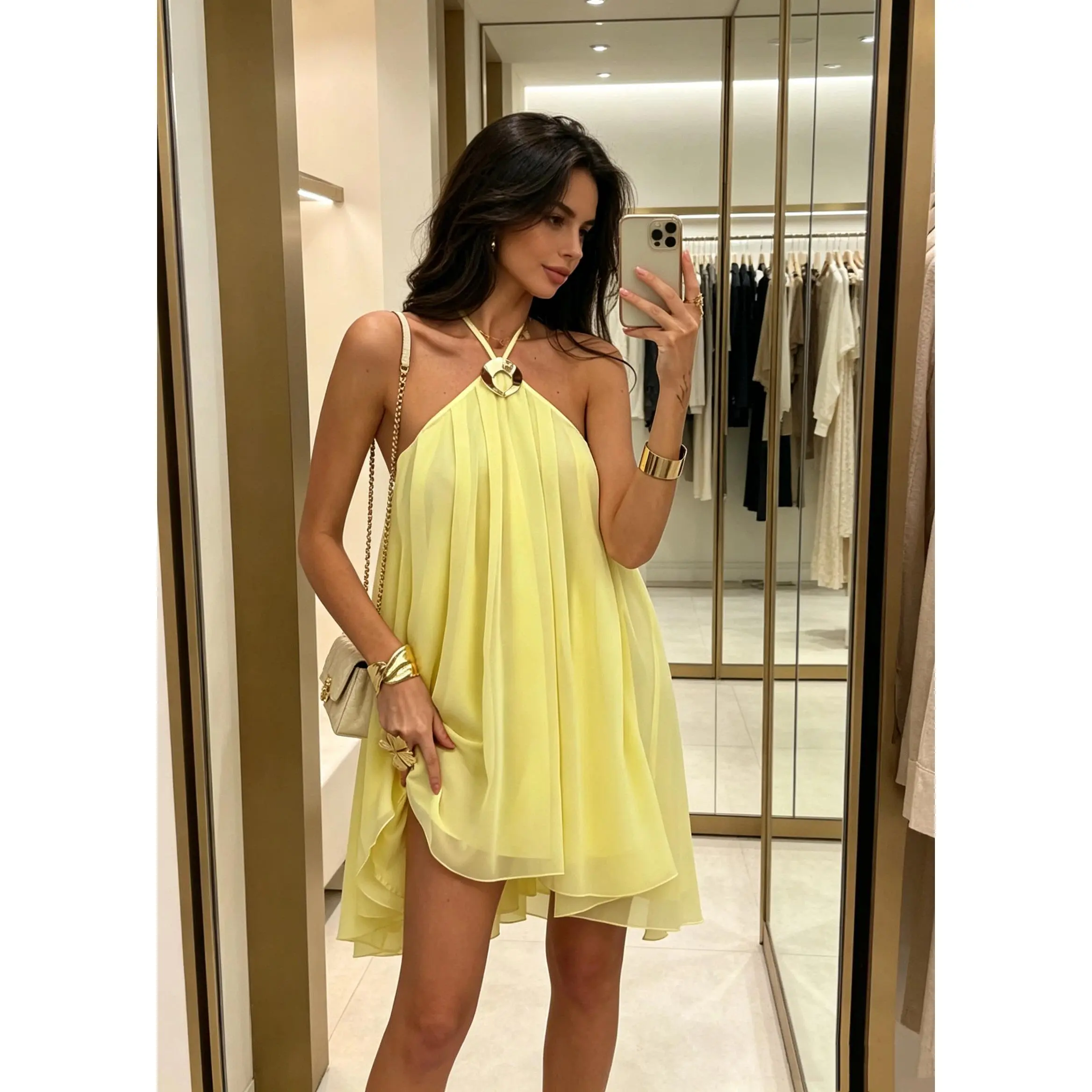 Women Halter Neck Chiffon Mini Dress, Metal‑Ring Decor Sleeveless Flowy Pleated Swing Short Dress, Loose A‑Line Beach Cover‑Up Dress for Parties, Resorts and Daily Casual Outfits