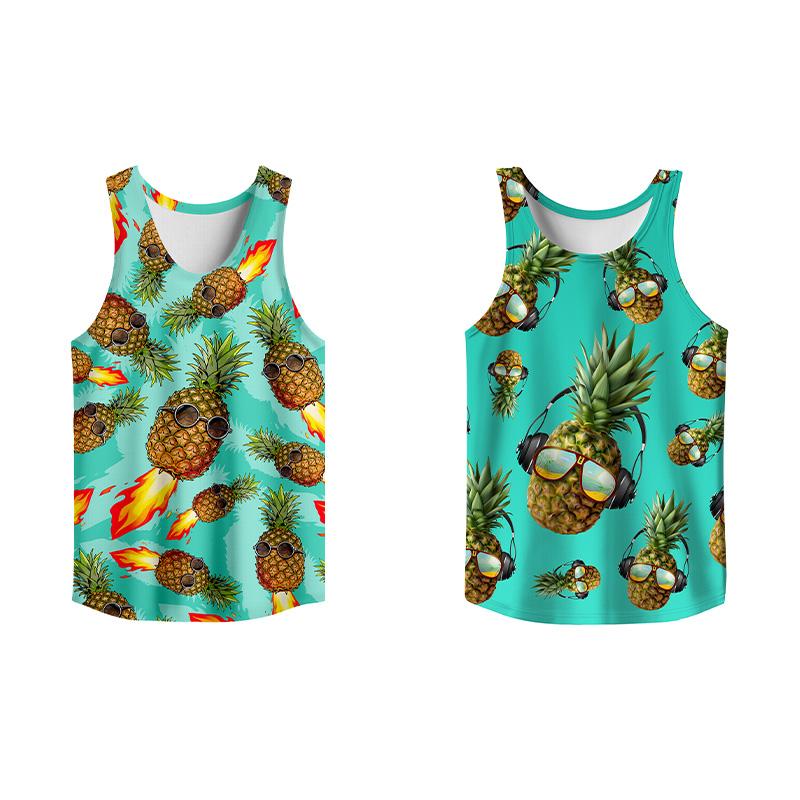 2 Pack Tropical Fruit Graffiti Tank Top, Summer Men Clothes Slim Fit Apparel, Menswear Gym Workout Comfy Casual Sleeveless for Vacation Outfit
