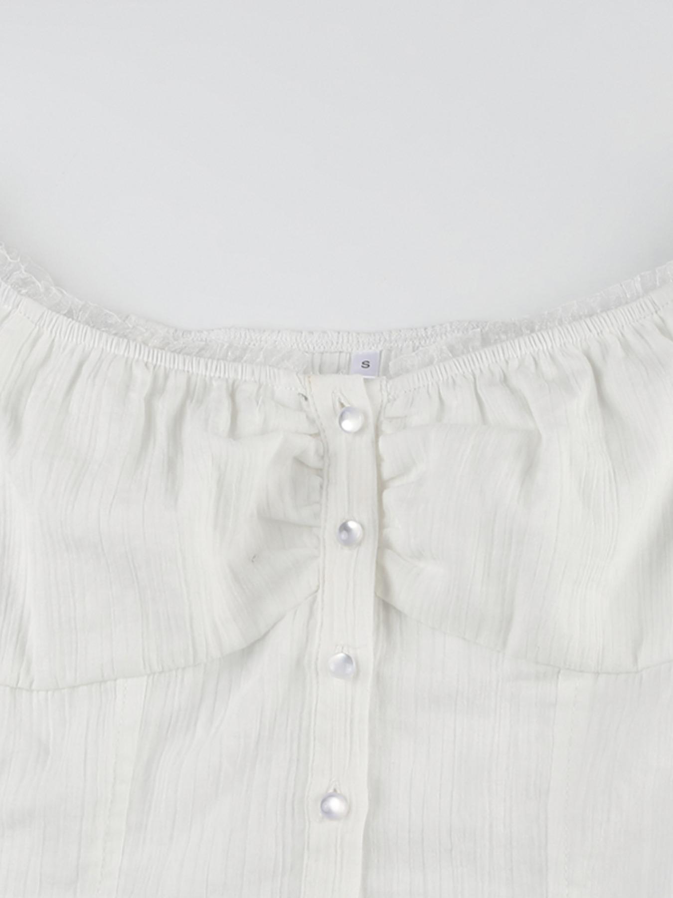 Women's Sweet Cute Ruffle Button Front Off Shoulder Blouse Shirts, Slim-Fitting Short Sleeve V Neck Top, Plain Texture Shirt for Casual Wear