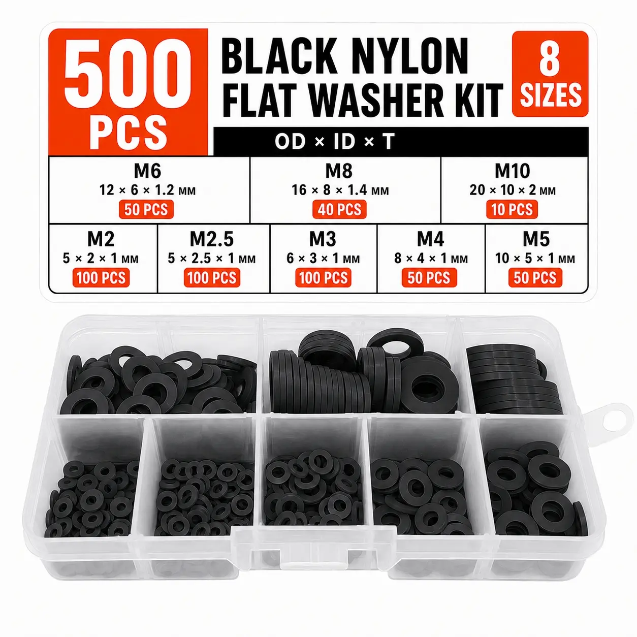 250/350/500PCS Black Nylon Flat Washer Assortment Kit, 7-8 Metric Sizes M2-M10, Plastic Spacer Washers for Screws and Bolts, Organizer Box for 3D Printers, Automotive, Machinery, Furniture and DIY Repairs