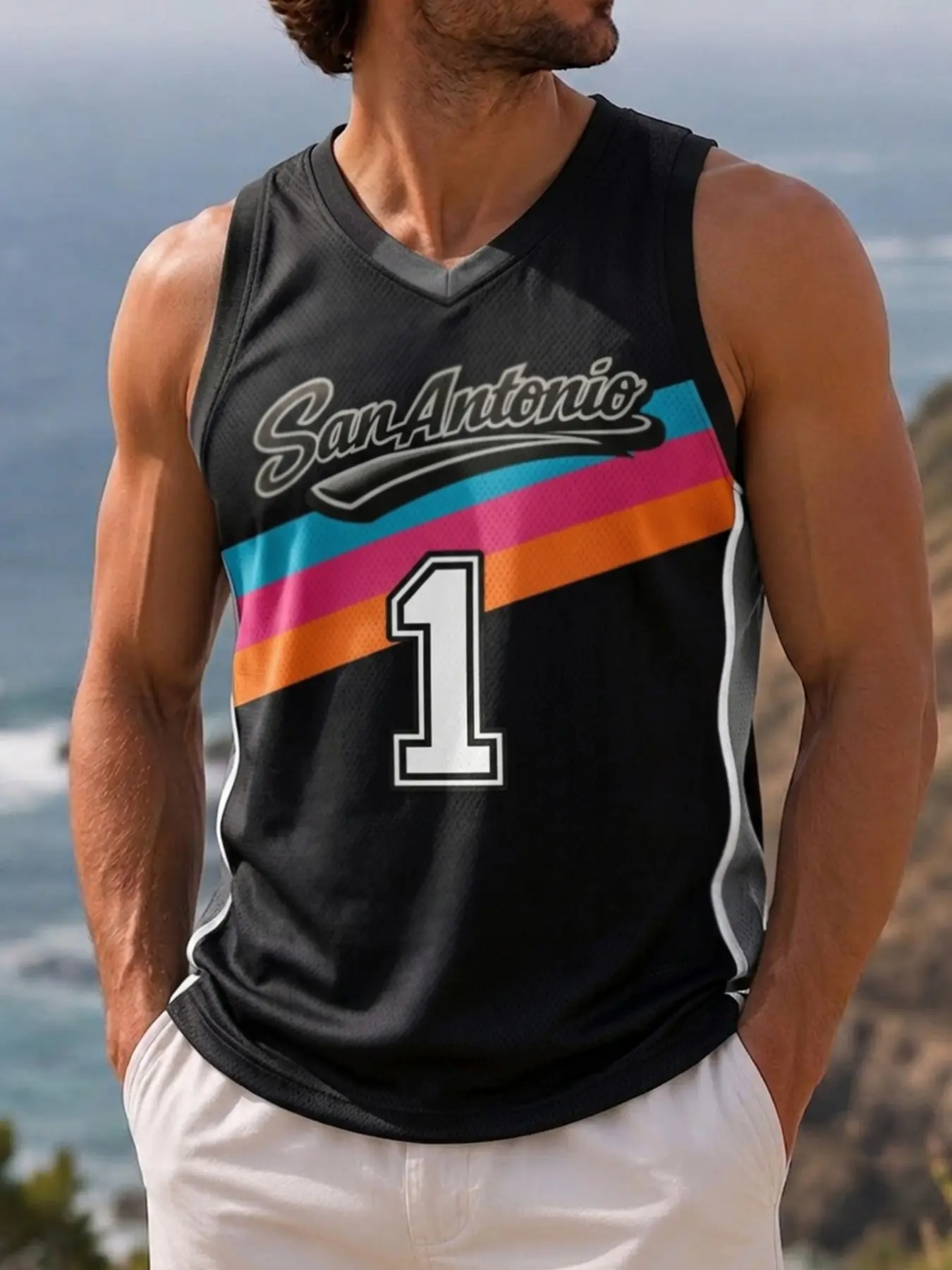 American Retro Basketball Jersey Vest, Rainbow Stripe Sleeveless T-Shirt, Men's Urban Streetwear Sportswear, Loose-Fit All Seasons