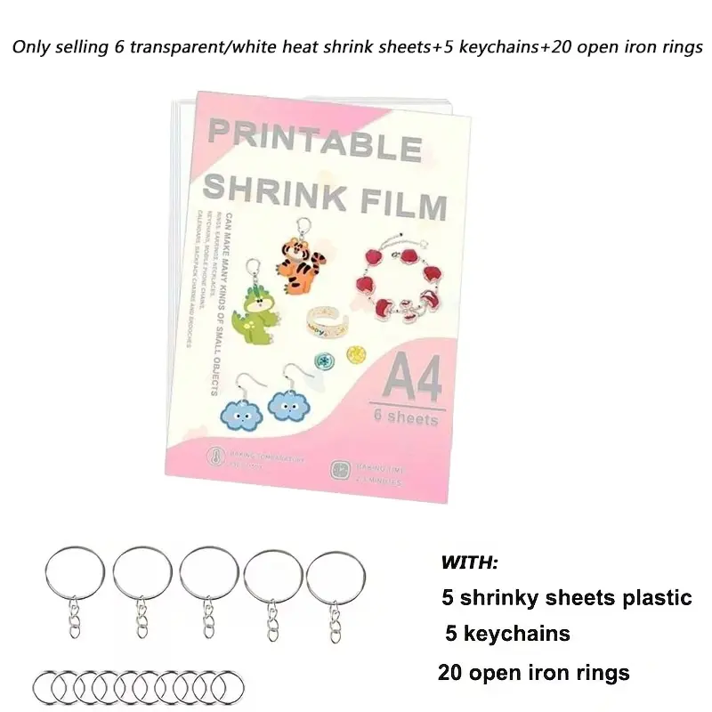 Printable shrink plastic sheet set, consisting of 6 heat shrink sheets, 5 aperture rings, 4 twisted chains, and 20 small open circles. Shrink film is suitable for DIY handmade production by adults and teenagers.