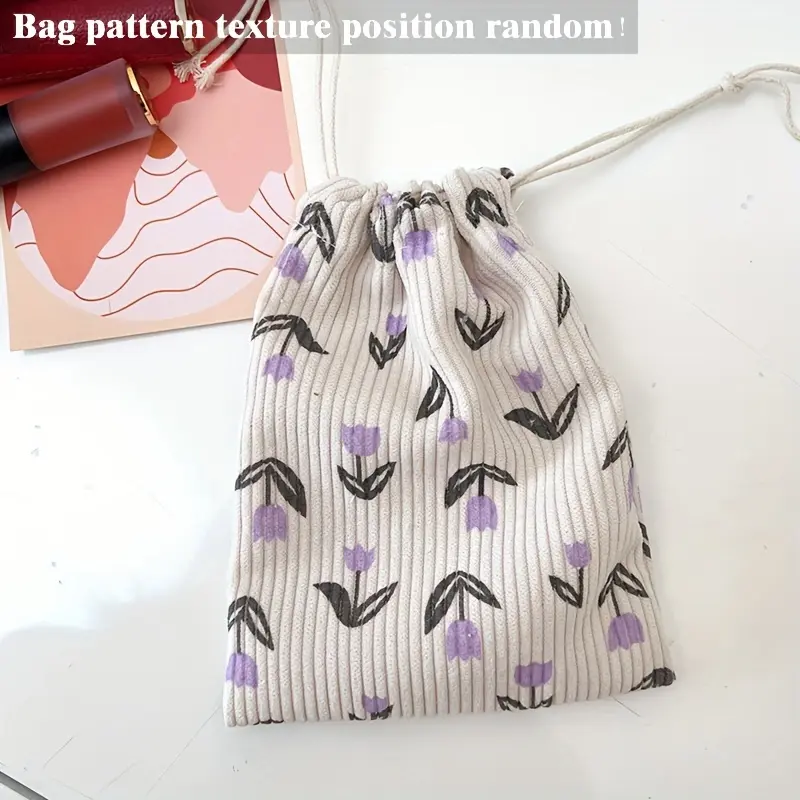 Minimal Purple Tulip Floral Corduroy Drawstring Makeup Bag, Soft Striped Fabric Storage Pouch, Portable Travel Handheld Cosmetic Organizer, Reusable Drawstring Toiletry Sack for Stationery & Skincare, Pattern Position Random, Trendy Aesthetic Daily Bag