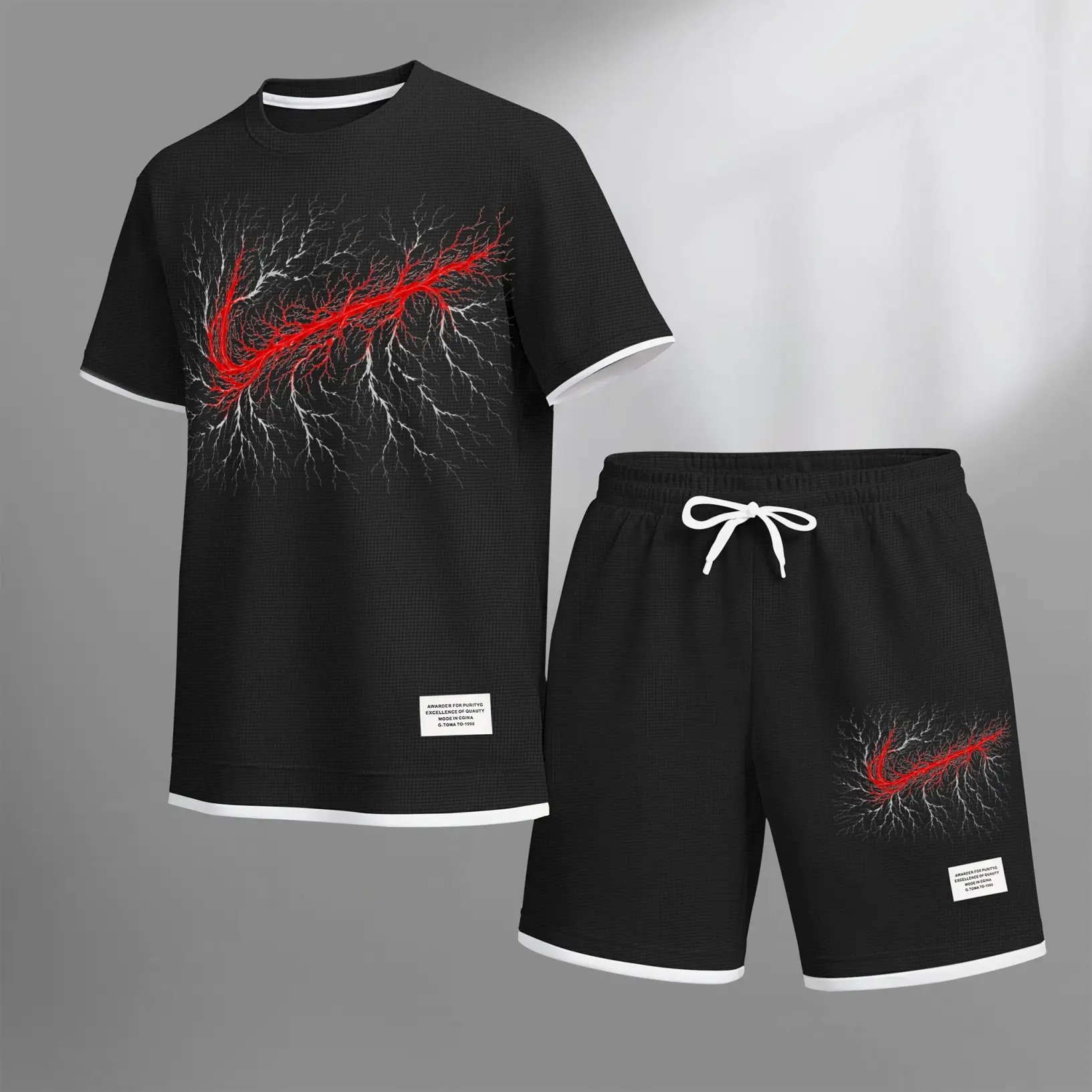Men’s Casual Two-Piece Outfit with Red Lightning Graphic Design, Short Sleeve T-Shirt and Matching Shorts, Trendy Streetwear Style, Lightweight Comfort, Relaxed Fit, Perfect for Summer Daily Wear, Travel, and City Looks