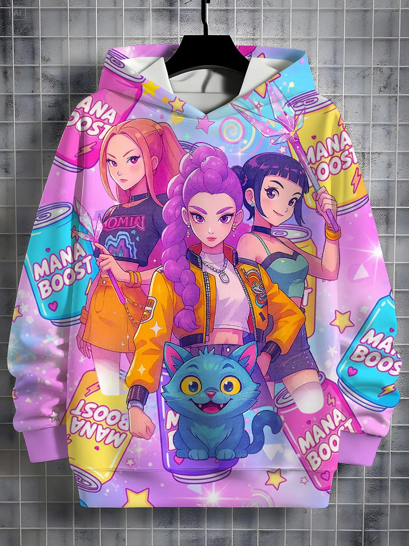 Girls' Soda Can Full Print Magic Girl Blue Cat Hoodie, Korean Anime Cartoon Print Spring Fall Fashion Casual Hooded Sweatshirt