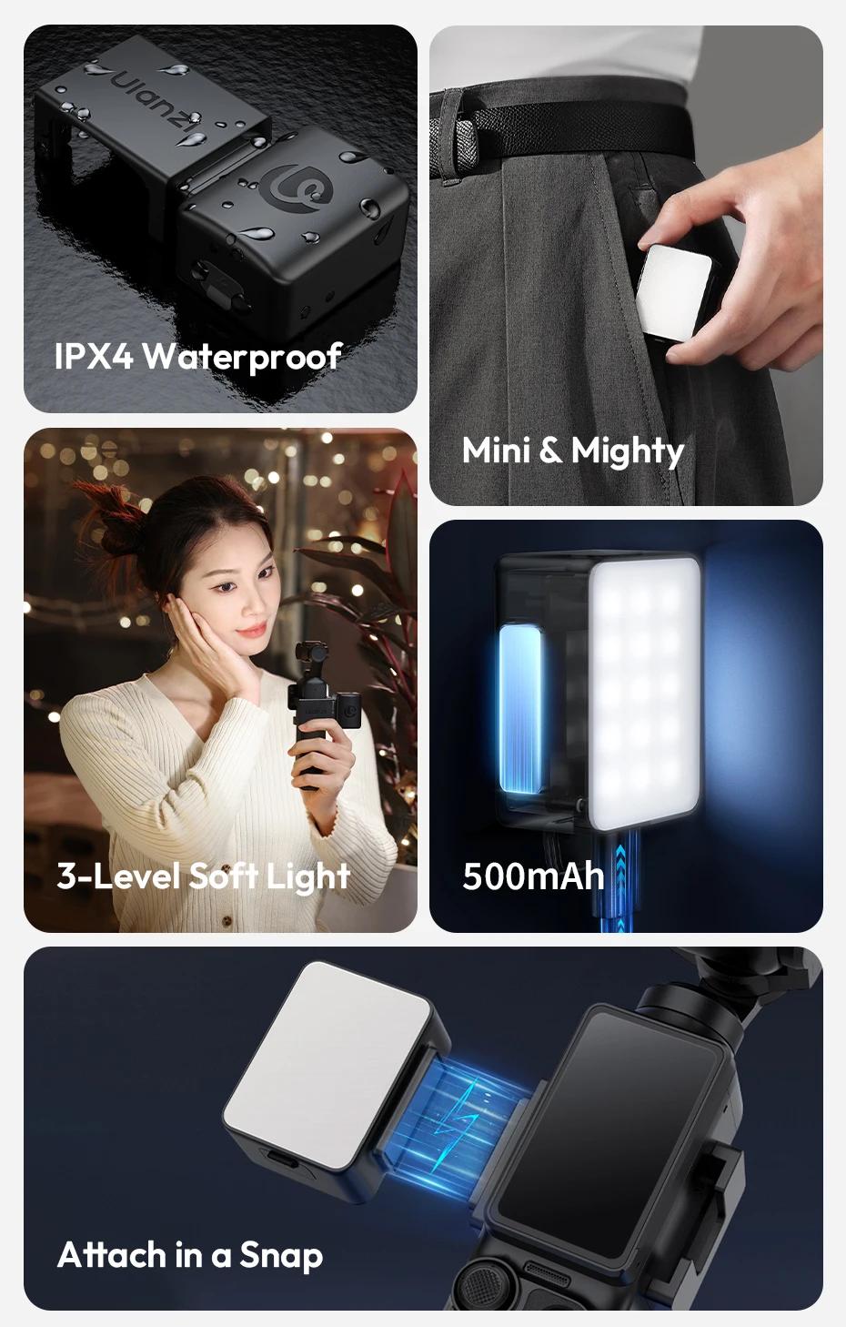 Ulanzi LM001 Pocket 3/Xtra Muse Mini Light 3-Level Soft Light LED Video Light for DJI OSMO Pocket 3/Xtra Muse for Photography Livestreaming Vlog