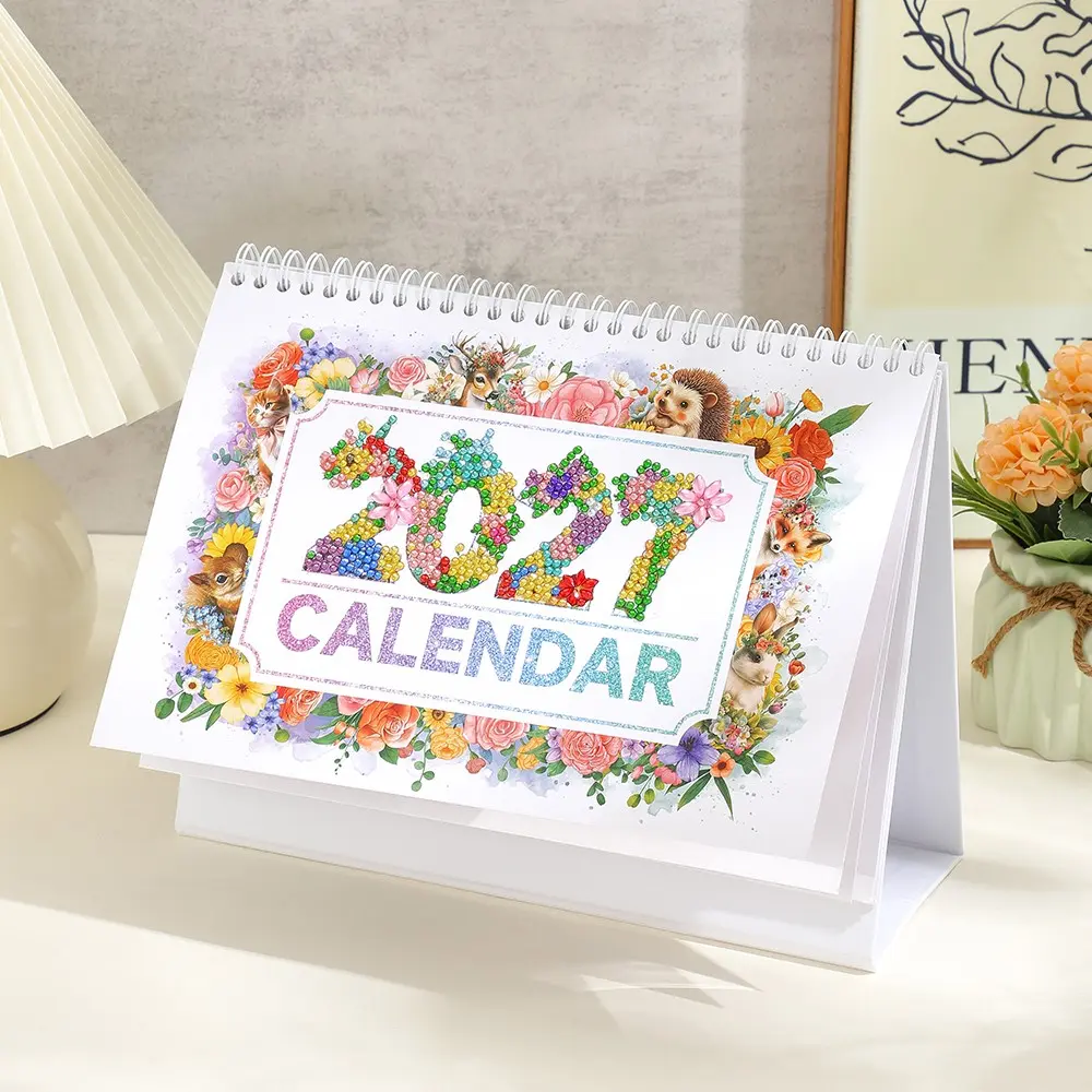 2027 Vintage Diamond Painting Calendar Set Flower & Animal Themes, DIY Handmade Monthly Calendar Kit with Irregular Shaped Diamonds, Schedule Organizer for Home, School & Office
