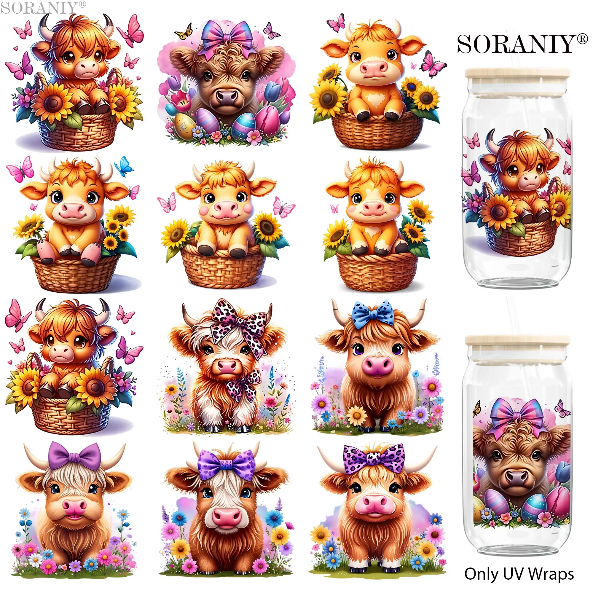 UV DTF Keychain Transfer Stickers - 24 Sheets/Kit Highland Cow Theme UV DTF 16OZ DIY Keychain Transfer Stickers for Cups, Water Bottles, Glass Bottles, Laptops, Home Decor, Bow DIY High-Viscosity Transfer Paper Easy Peel HD Printing Crafts Gifts