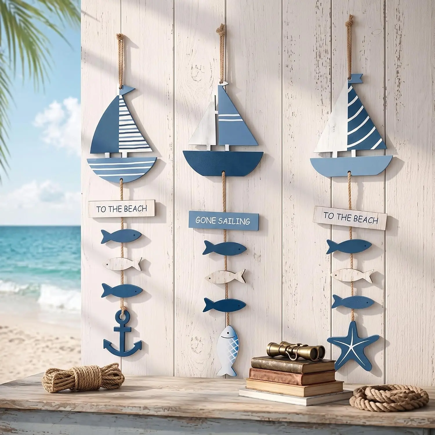3 Pcs Lightweight Wooden Anchor Hanging Decor with Rope Handle - Blue Beach Theme Fish & Boat Wall Ornament for Coastal Door, Farmhouse Bathroom, Party Decor, Nautical