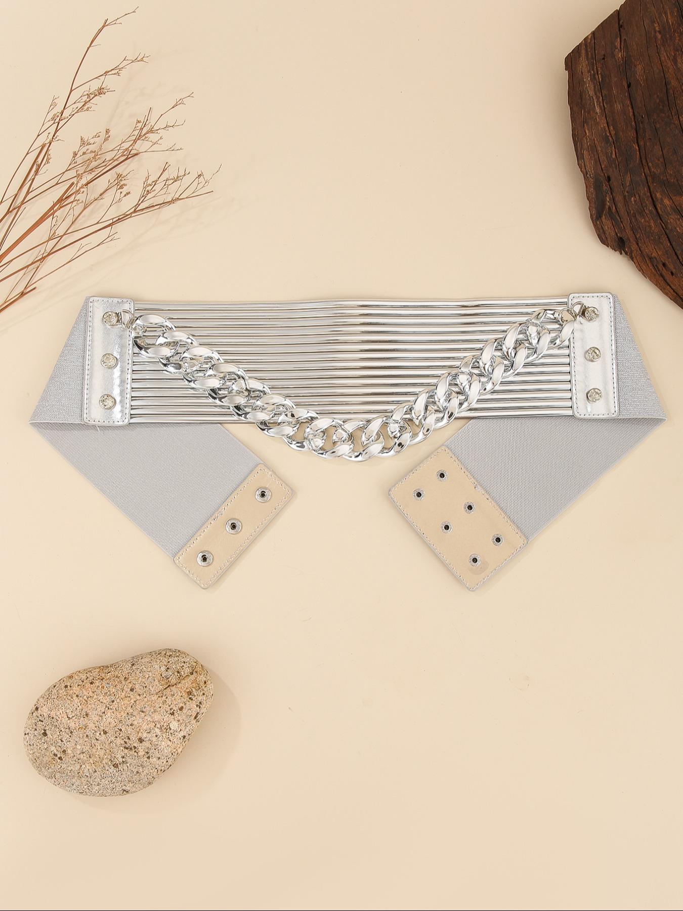 Women's Fashion Chain Decorated PU Leather Wide Belt, Casual Waistband for Jeans, Fashion Belt for Party, Daily Clothing Decor, Trendy All-match & Exquisite Belt for Gift, Chain Belts