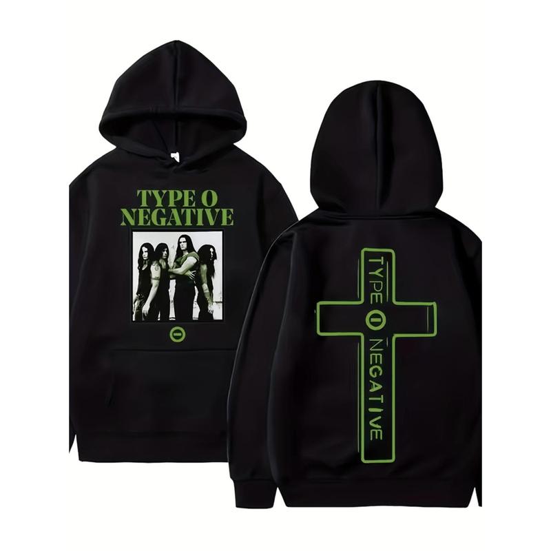 Trendy Rock Band Graphic Hoodie Featuring Type O Negative Design In Black And Green With Band Portraits For Casual Streetwear