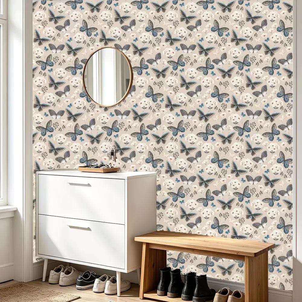 Light Blue Butterfly Floral Vintage Wallpaper, Removable, Stain Resistant, Ideal for Living Room, Kitchen, Bedroom Decor