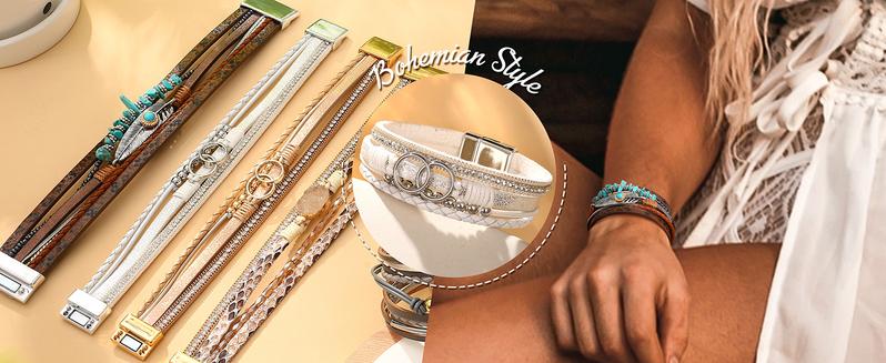 Women’s Leather Wrap Bracelets - Boho Western Cuff Style, Beaded Stackable Design | Gold, Black, Gray Trendy Fashion Accessories