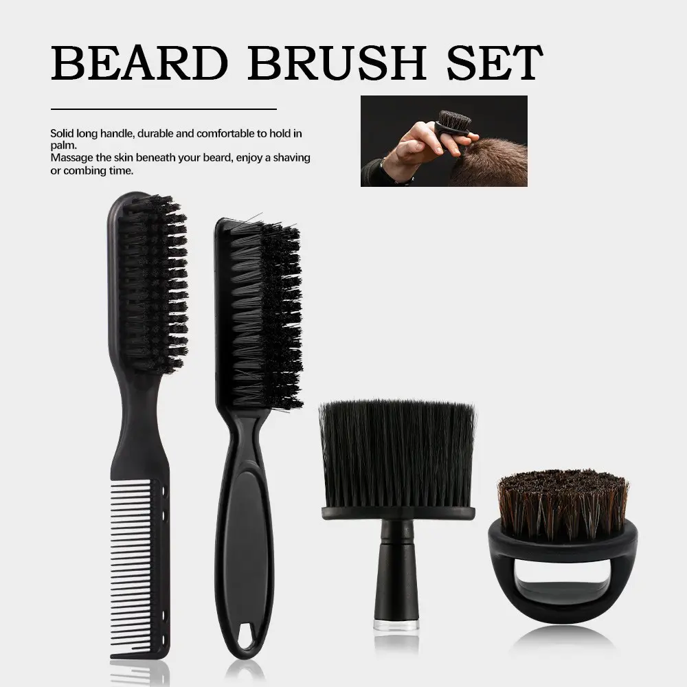 4 Piece Professional Hair Brush Set, Neck Brush, Dual-Sided Comb, Mustache Brush, Portable Shaving Brush, Men's Grooming Tools, Shaving Accessories, Kits