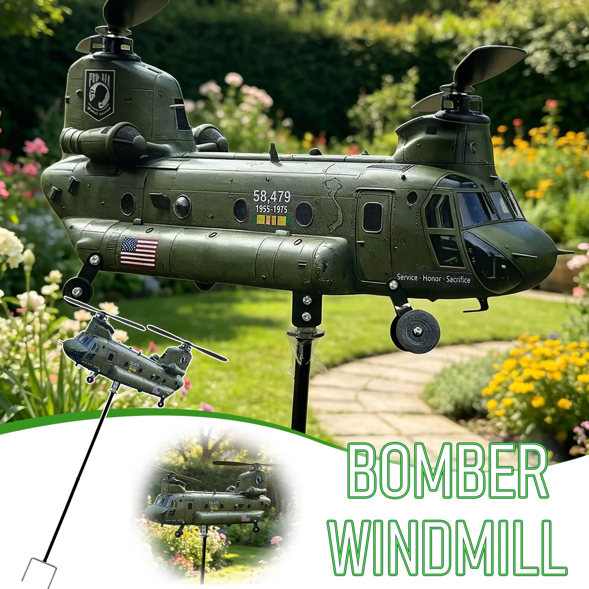 Simulation Ch-47 Helicopter Windmill Garden Decoration, Wind-Powered Rotating Outdoor Garden Decor, Ideal for Aviation Enthusiasts, Garden Accessories