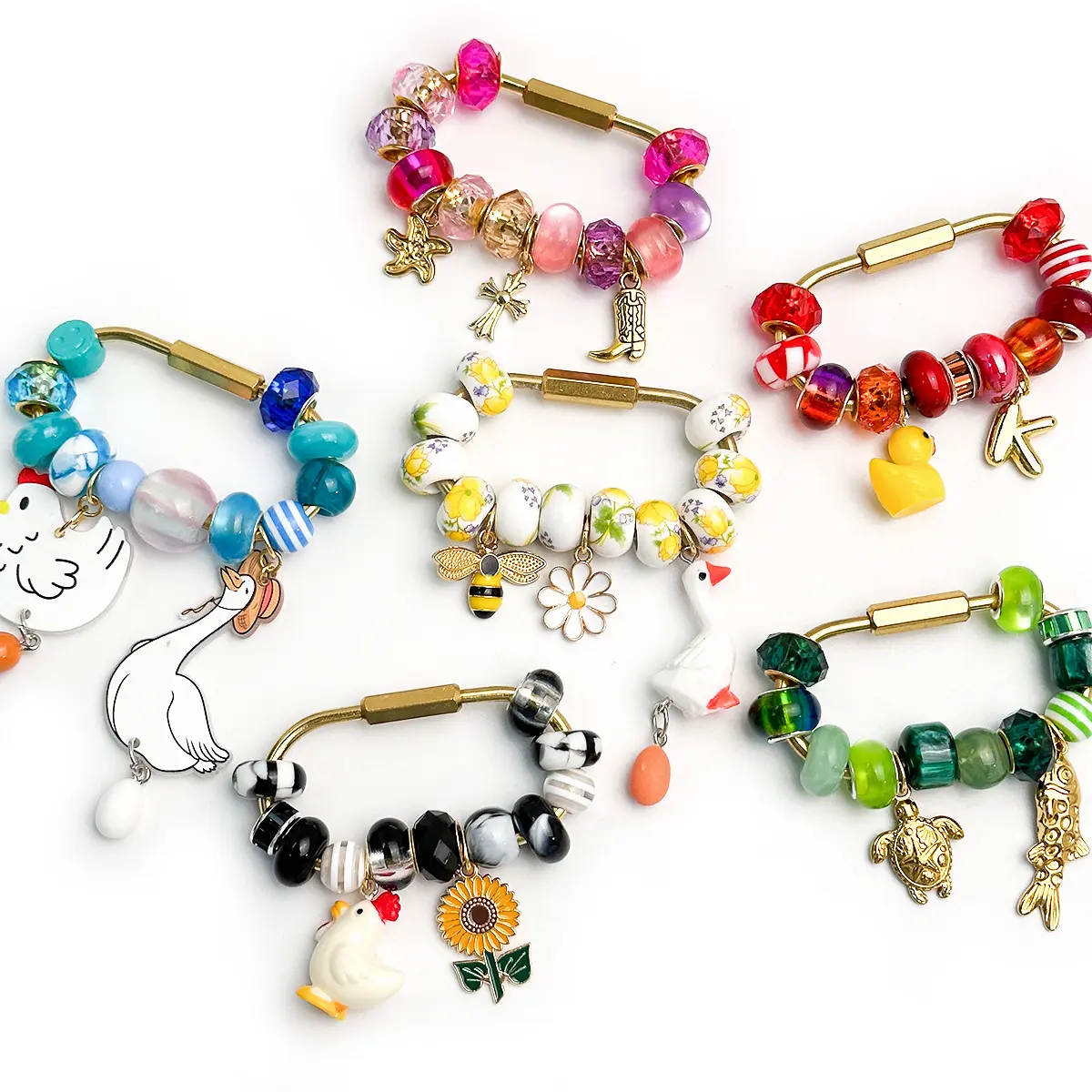 Cute Cartoon Animal Beaded Keychain Brass Carabiner Keyring Pearl Flower Frog Duck Chicken Charm Pack Aesthetic Y2K Bag Pendant Accessories Gift for Women