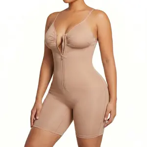 Women's Zip-Up Shapewear Bodysuit Tummy Control Seamless V Neck Full Body Shaper Mid-Thigh Butt Lifter