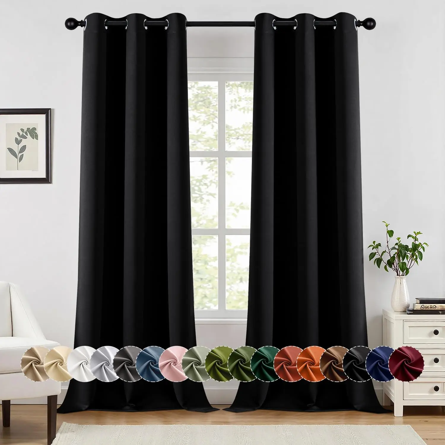 Blackout Curtains for Bedroom 2 Panels 40 x 90 Inch Long Black| Thermal, Halloween Living Room Darkening Grommet Drapes, Noise Reducing, Light Blocking Window Treatments