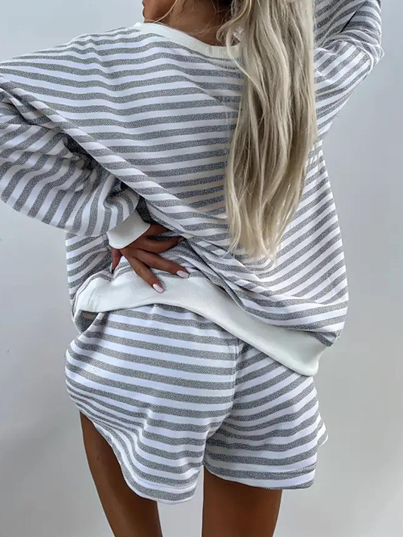 Women's Striped Print Long Sleeve Tee & High Waist Shorts Two-piece Set, Casual Round Neck Top & Shorts for Spring & Fall, Women's Clothes for Daily Wear