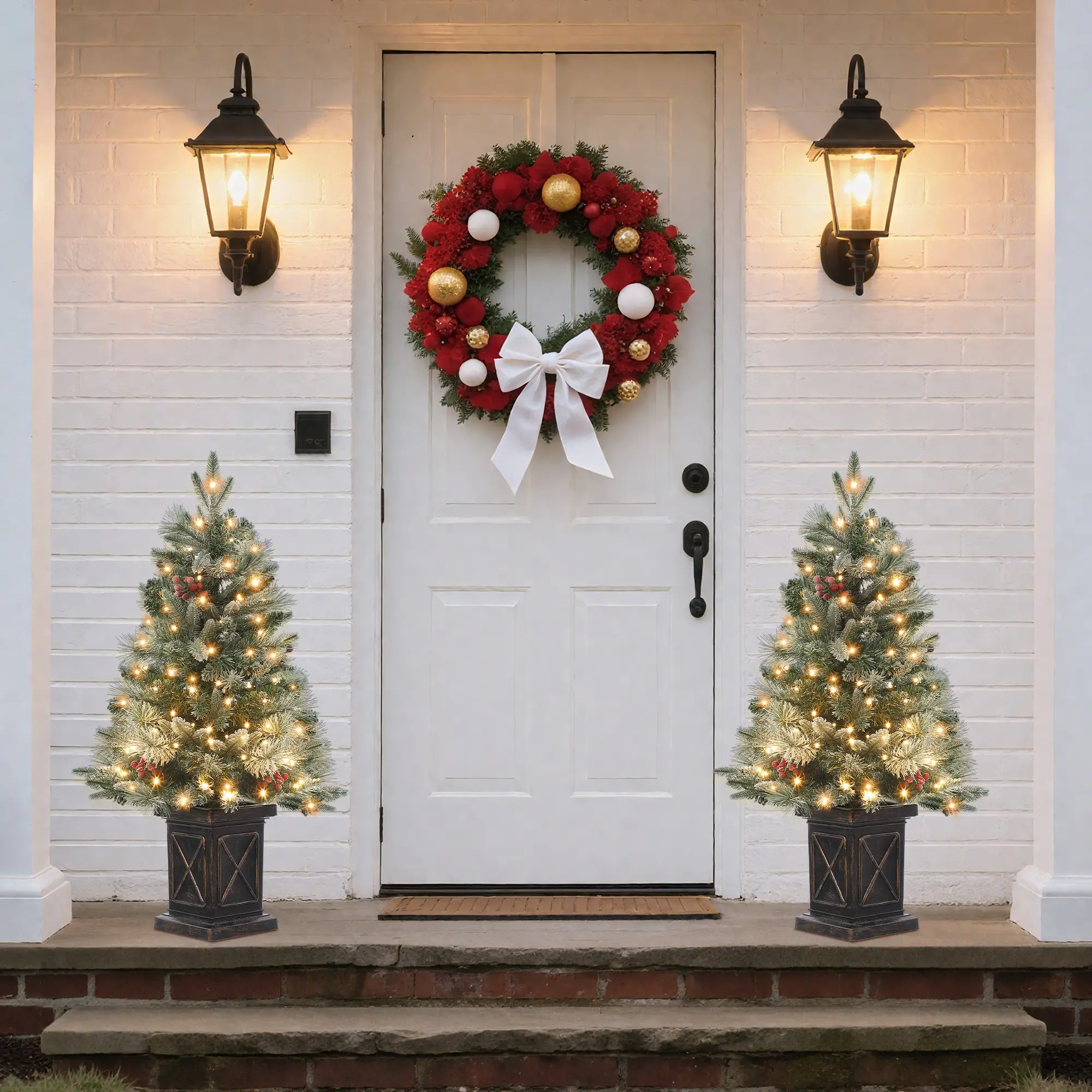 Pre-Lit Artificial Christmas Tree Set – 3ft Flocked Snow, 78 Warm White or Multicolor LED, Vintage Potted Base, Red Berries, 8 Lighting Modes, Battery Operated – Ideal Small Xmas Tree for Home, Entryway, Holiday Decor