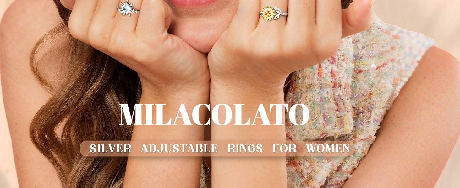 MILACOLATO 2Pcs Silver Anxiety Rings for Women Sunflower Fidget Ring You are My Sunshine Anxiety Ring Moonstone Anti Stress Ring Adjustable Open Spinner Rings for Anxiety Women